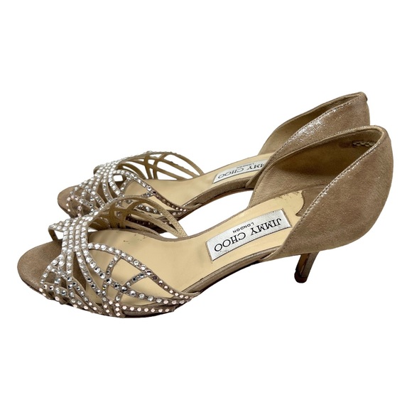 Jimmy Choo Rhinestone Cream Tan Silver Shimmer Bling Heels - Picture 3 of 8
